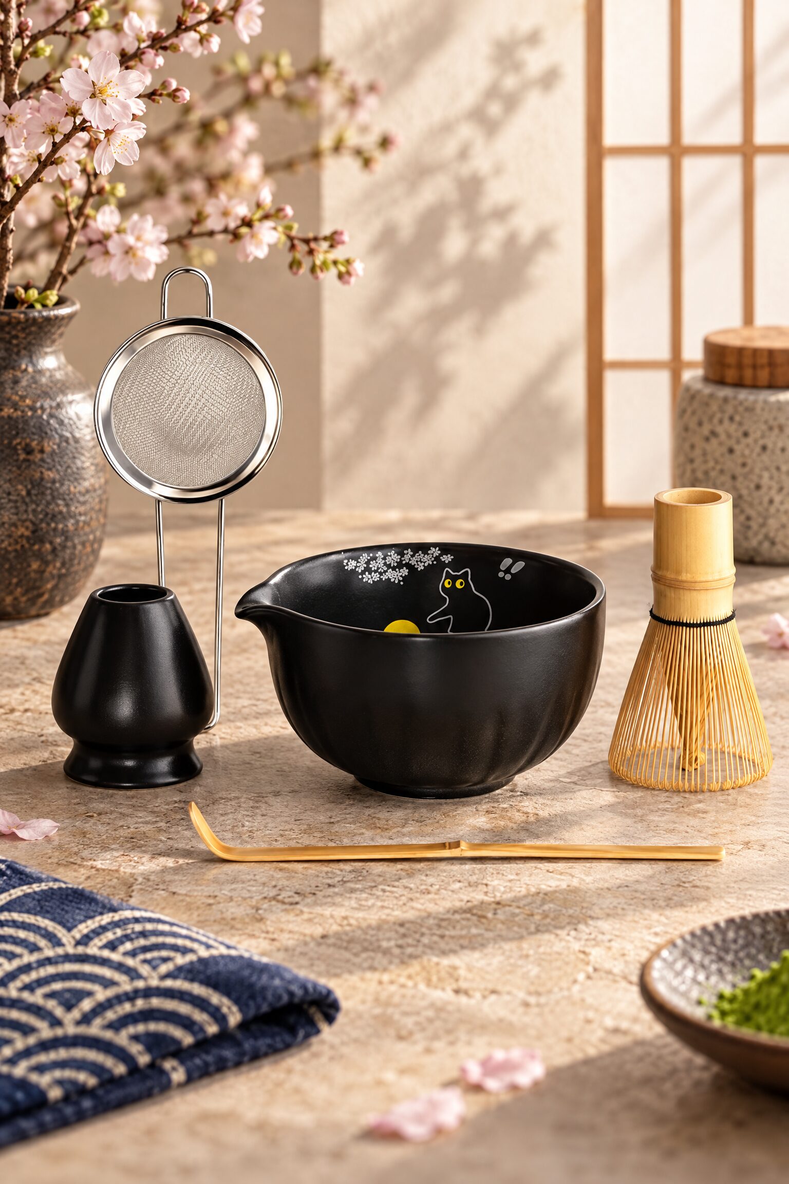 A Beautiful Japanese Matcha Ritual with a Cute Black Cat Tea Set