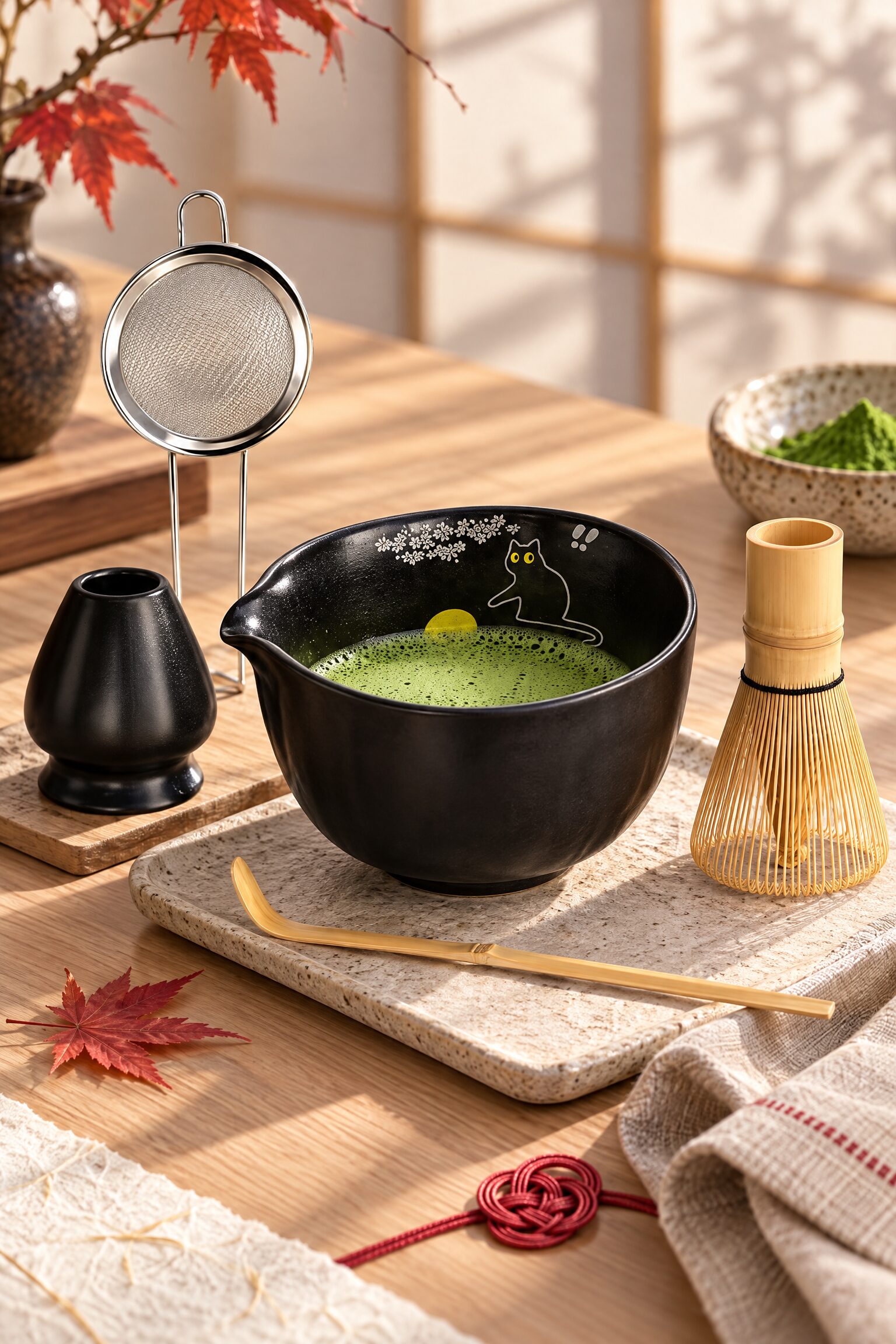 Black ceramic matcha bowl with a cat design, bamboo whisk, scoop, whisk holder and tea sifter on a wooden table in autumn light